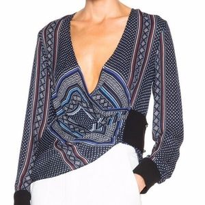 DEREK LAM 10 CROSBY Blouse Top Wrap Print Blue